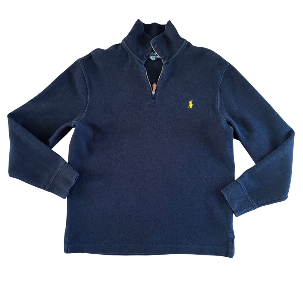 Polo Ralph Lauren Mens Medium Navy Blue 1/4 Zip Sweater Yellow Embroidered Logo